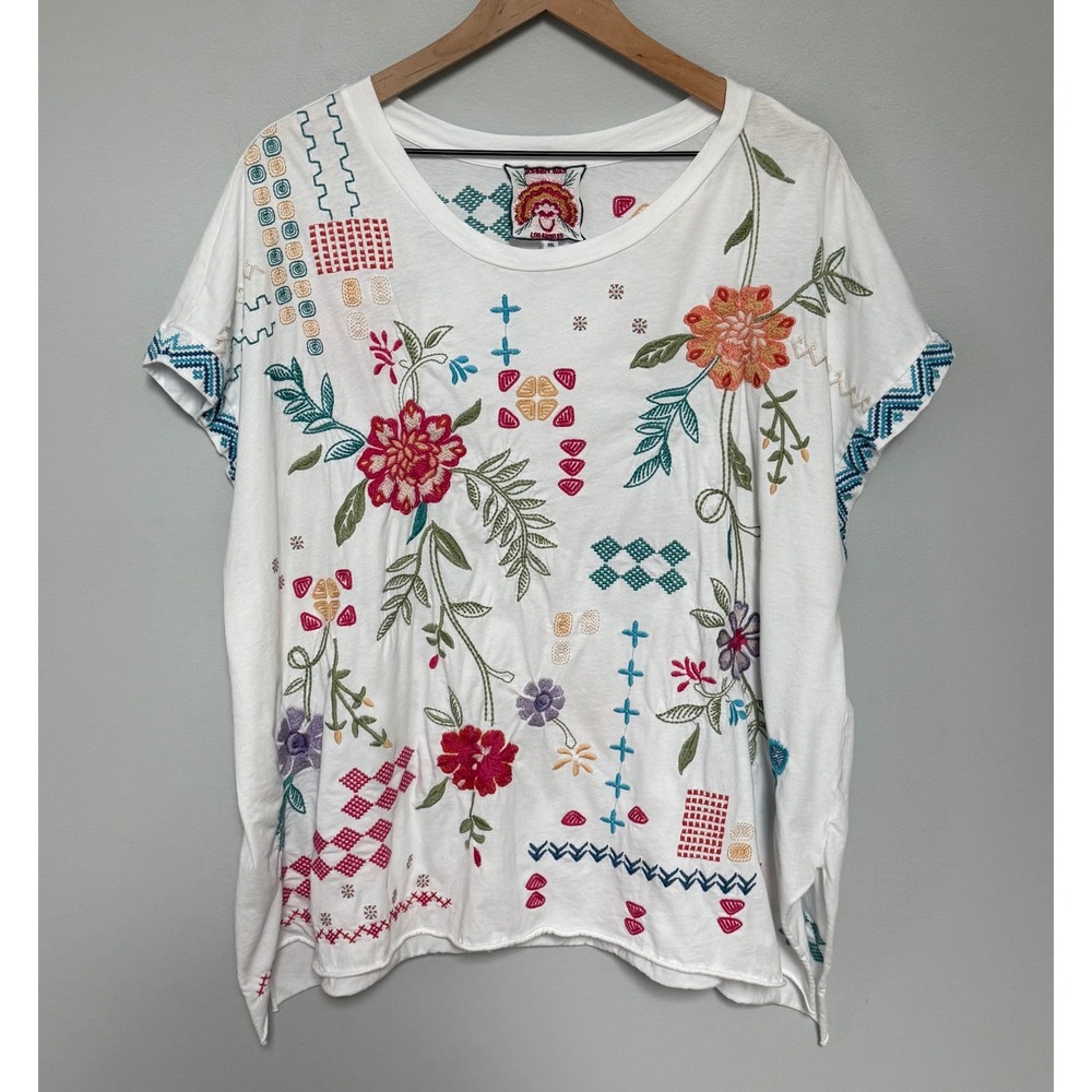 Johnny Was Embroidered Floral Geometric Boho Cotton Relaxed White T-Shirt XXL
